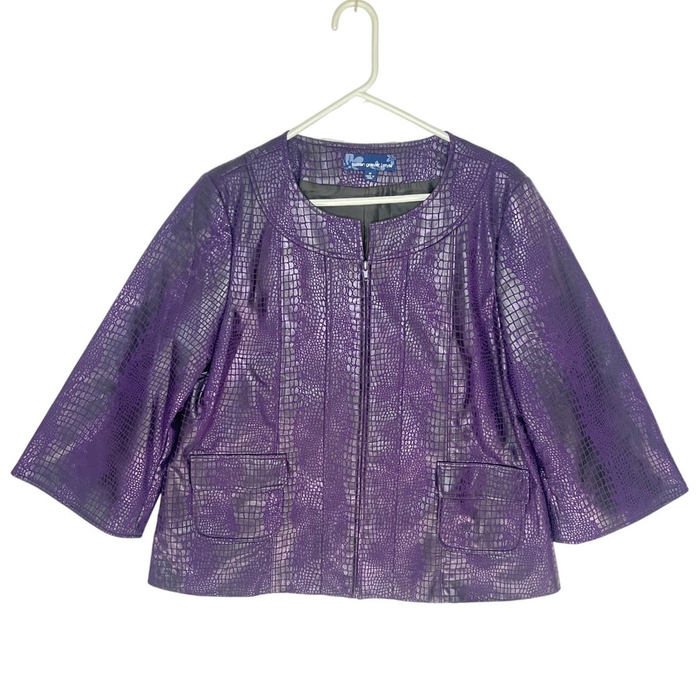 Susan Graver Style Purple Faux Leather Croc Embossed Zip Jacket Womens Medium